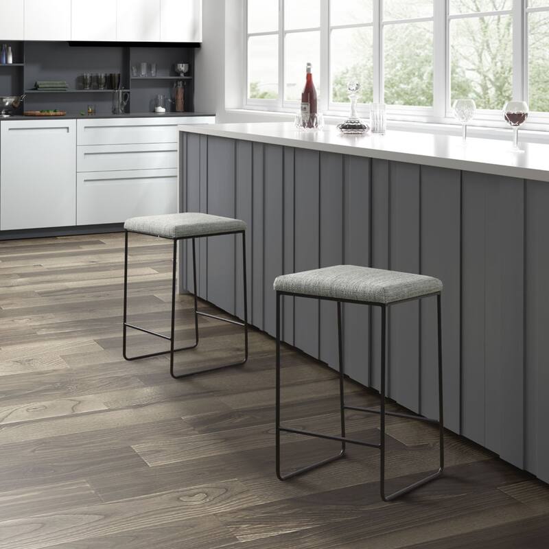 Roomfitters 25.5-Inch Modern Counter Stool, Matte Black Metal Frame with Heathered Gray Faux Linen Seat