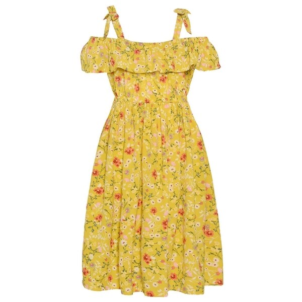yellow ruffle off the shoulder dress
