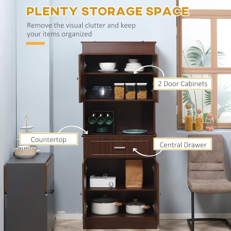 HOMCOM 72" Kitchen Buffet with Hutch, Freestanding Pantry Cupboard with Utility Drawer, 2 Door Cabinets and Countertop, Brown