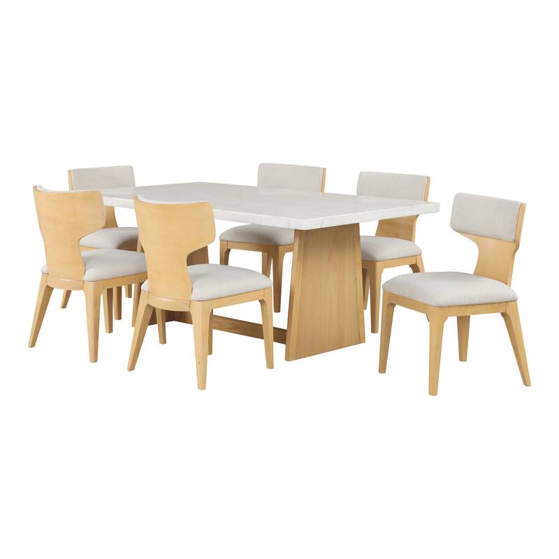 Furniture of America Wayley Modern 7-Piece Solid Wood Genuine Marble Top Dining Table Set