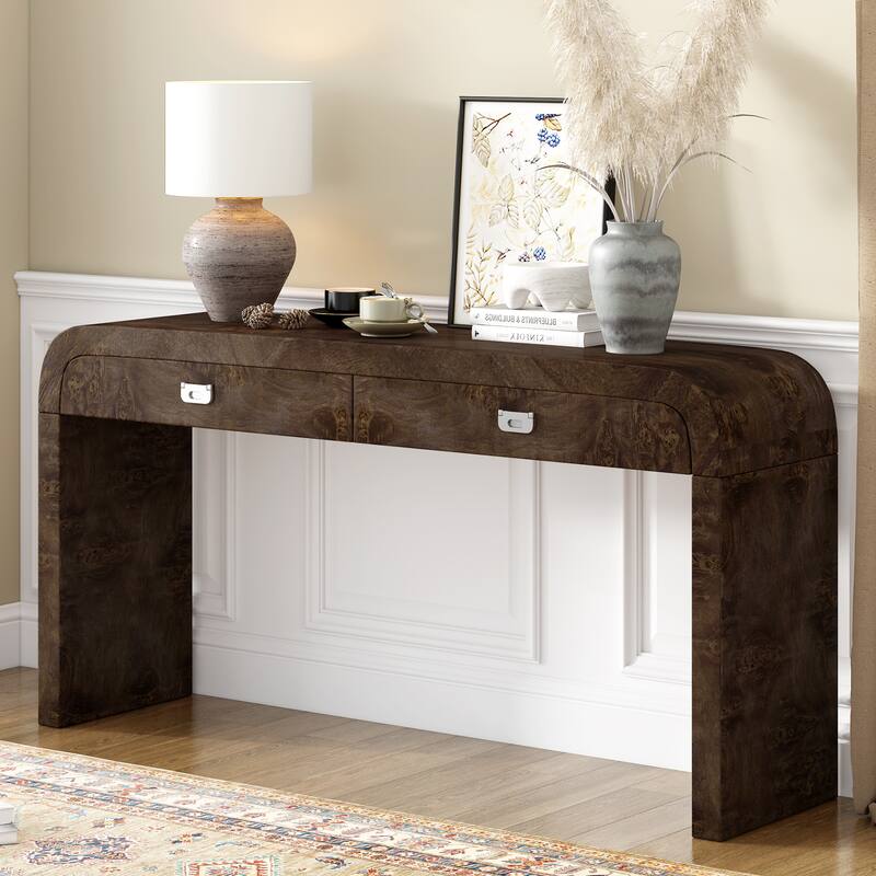 60''Wooden Entryway Table with Burl Veneer, Console Table with 2 Large Drawers and Metal Handles,Multi-Functional Sofa Table - Dark Brown