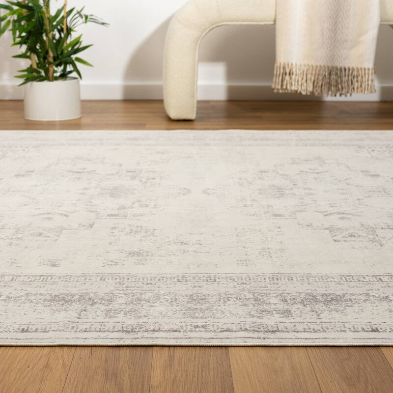 Alis Transitional Medallion Gray Washable Indoor Area Rug by Sevita