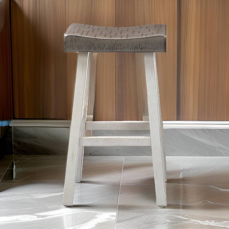 Bianca Counter Stool Set of 2, Dark Gray Saddle Seat, White Solid Wood