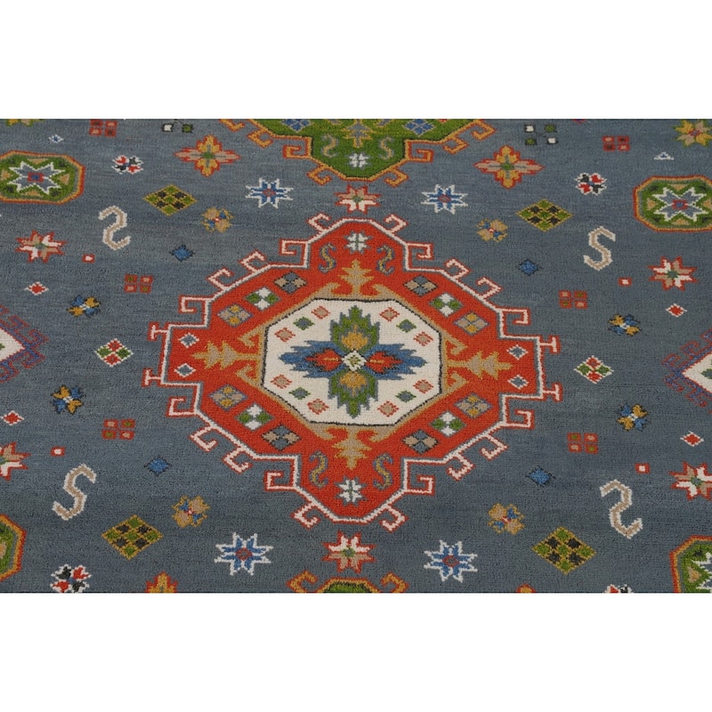 Blue Geometric Kazak Oriental Area Rug Hand-Knotted Wool Carpet - 9'3" x 11'7"
