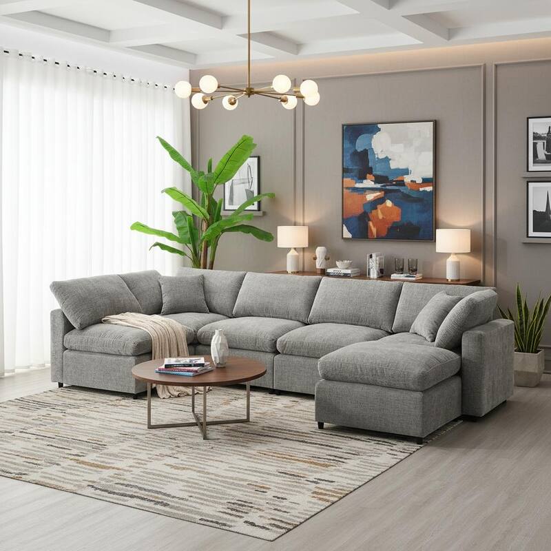 6-Piece Modular Cloud Chenille Sofa Bed with Ottoman by Harper&Bright Designs. - Grey.
