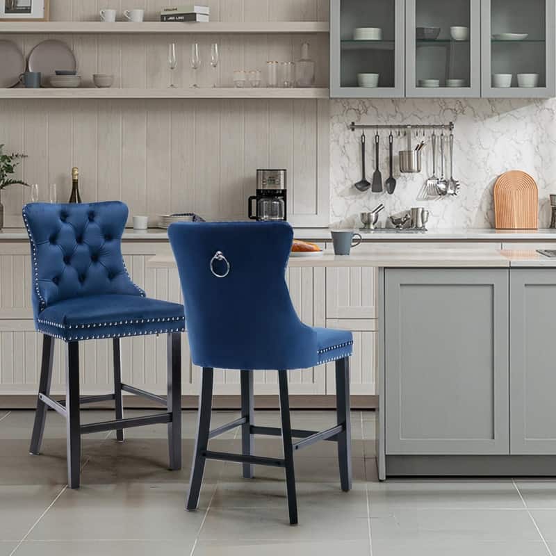 Wing Back Velvet Tufted Nailhead Barstools(Set of 2) - Navy Velvet