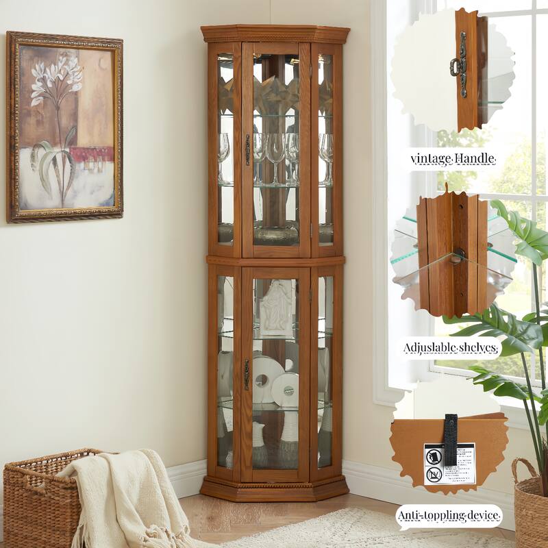 Sophisticated Cherry or Oak Corner Curio Sideboard Buffet Cabinet with Glass Display Shelves, Lighting System, Metal Handles