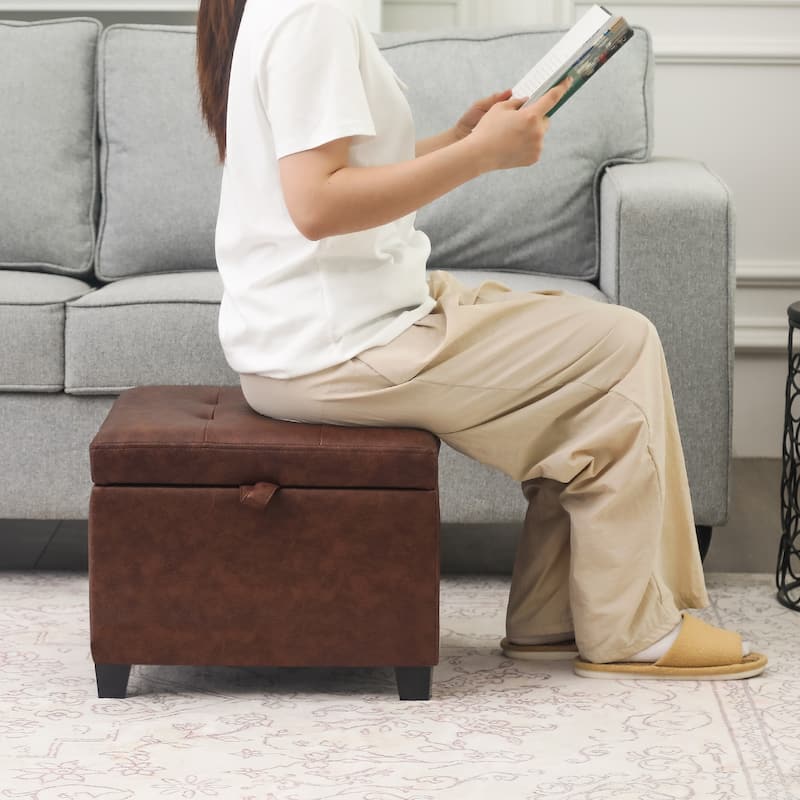 Adeco Faux Leather Tufted Flip Top Storage Ottoman