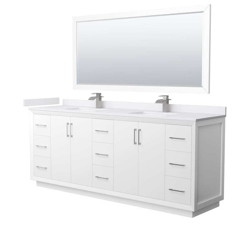 Strada 84-Inch Double Vanity Set, Cultured Marble Top, 70-Inch Mirror - White, Nickel Trim, White Cultured Marble Top