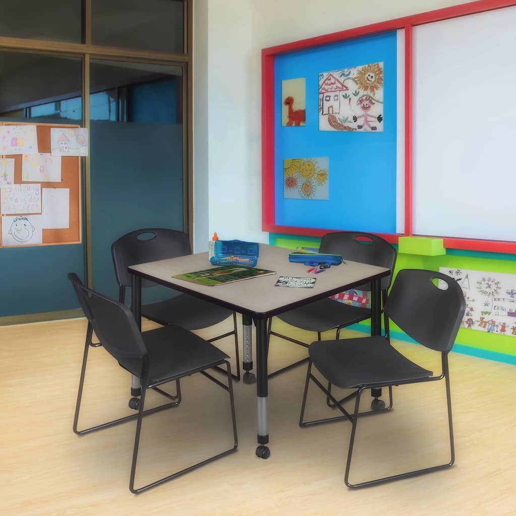 36 in. Square Height Adjustable Mobile Classroom Table - Maple & 4 Stack Chairs- Black