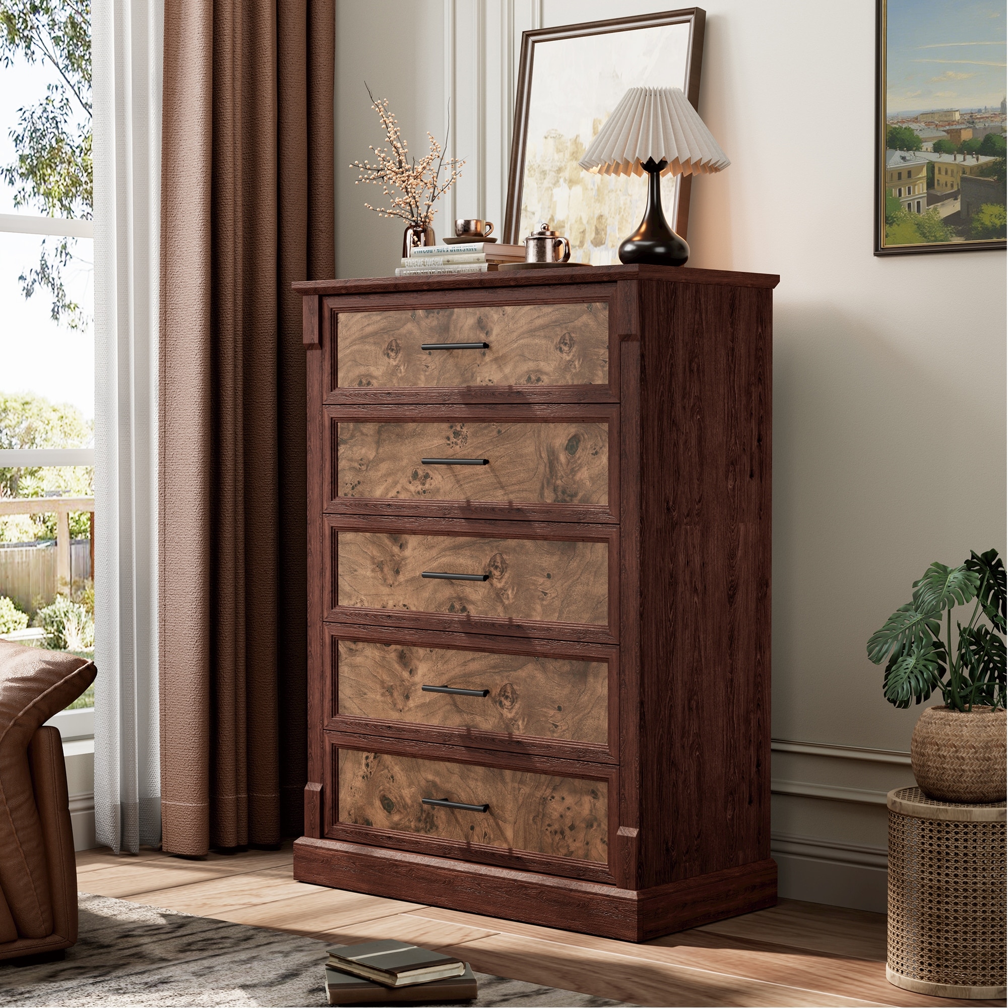 Farmhouse 5 Drawer Dresser for Bedroom, 43.3in Tall Chest of Drawers with Metal Handles, Rustic Wood Dresser