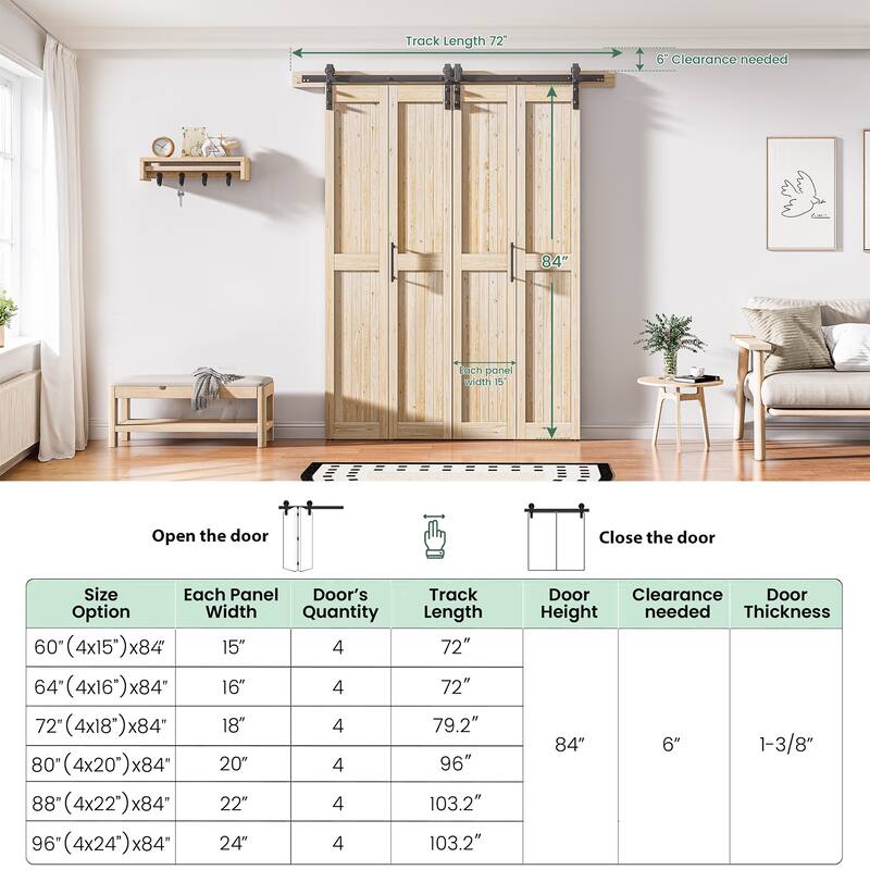 Assembled 30in./32in./36in./40in./44in./48in. x 84 in. Solid Core Pine Wood Bi-Fold Door With Hardware Kit