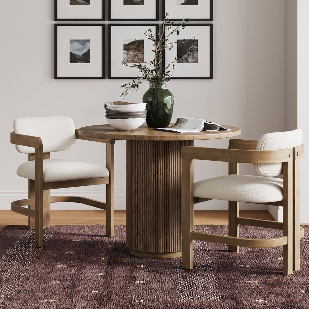 Veya Modern Boucle Dining Chair with Curved Back, Full Armrests, and Solid Wood Legs