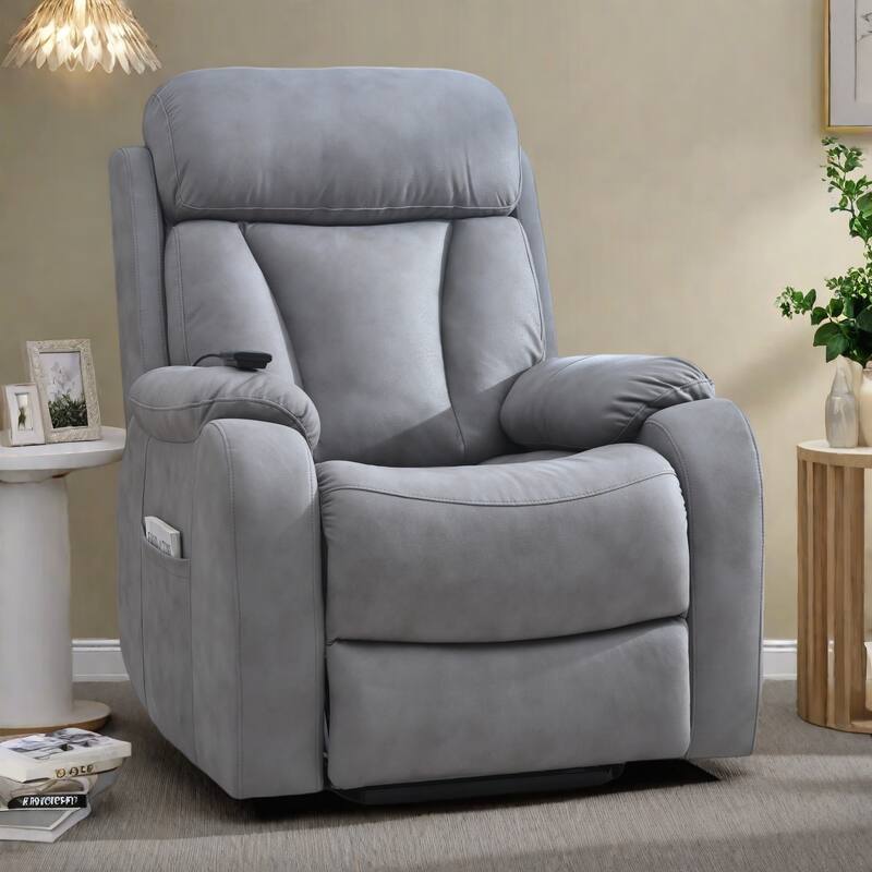 Recliner Chair Wide Seat with Overstuffed Pillows, Remote Control and Side Pocket - Light Gray