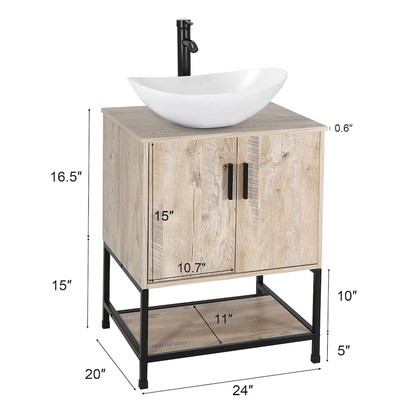 24" Bathroom Vanity Sink Combo Oak Cabinet Vanity Tempered Glass/Ceramic Sink