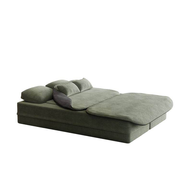 2-in-1 Floor Sleeper Sofa Bed Corduroy Foldable Sofa with Functional Blanket and Pillows for Living Room Bedroom Studio