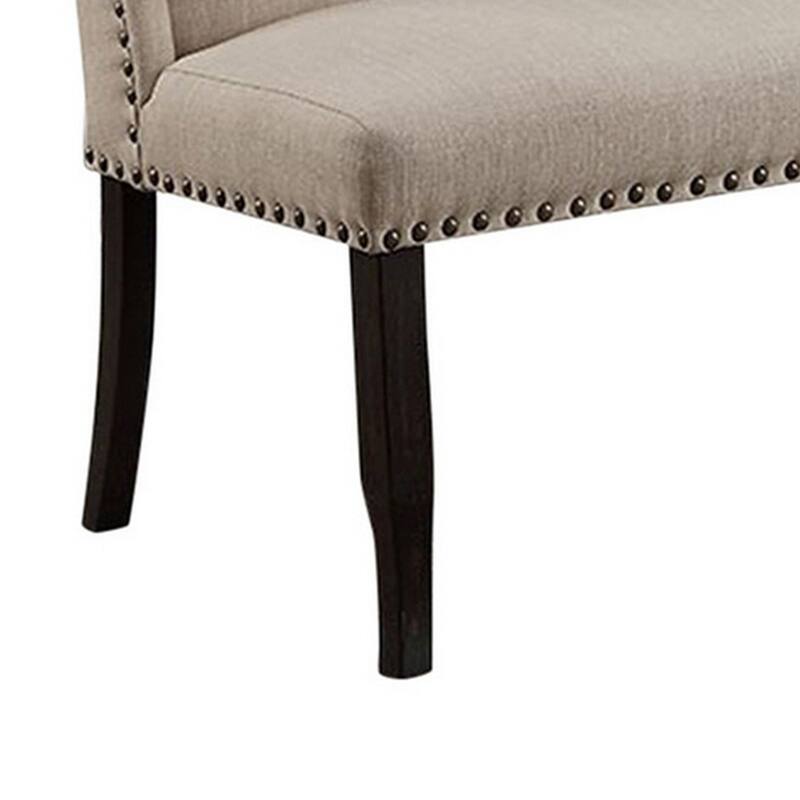 Fabric Upholstered Wing back Bench with Sturdy Wooden Legs, Beige and Black