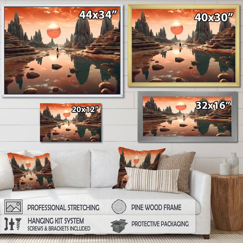 Designart "Pink Moon Rising Futuristic Mountain Landscape" Abstract Landscape Framed Wall Art Prints