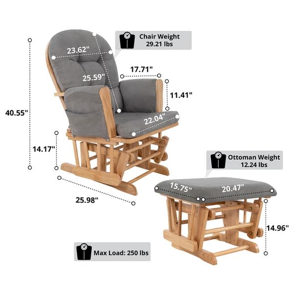 dimension image slide 0 of 4, Ultimate Nursery Comfort - Glider and Ottoman Set with Reclining Cushion Chair, Rocker Chair with Padded Back and Armrests