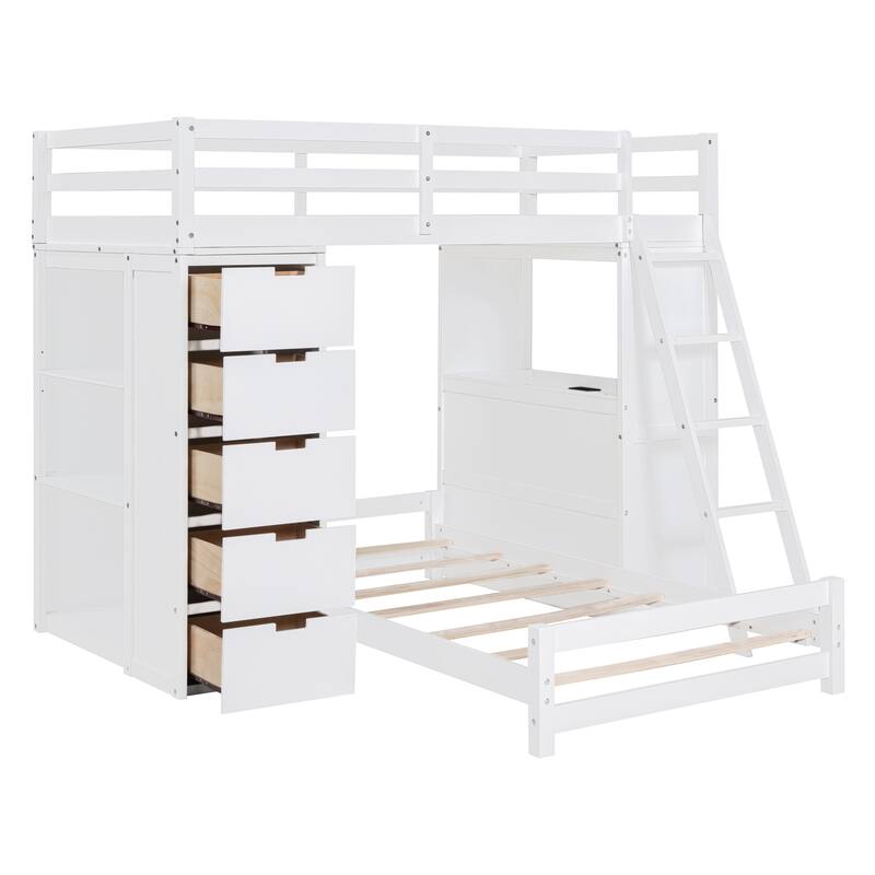 White Twin Over Twin Bunk Bed with LED Light and USB Ports, Storage Drawers, Shelves, and Desk