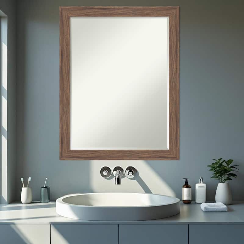 Pia Narrow Half-Inch-Bevel Framed Bathroom Vanity Wall Mirror - Pia Medium Brown Narrow - 21 x 27 in