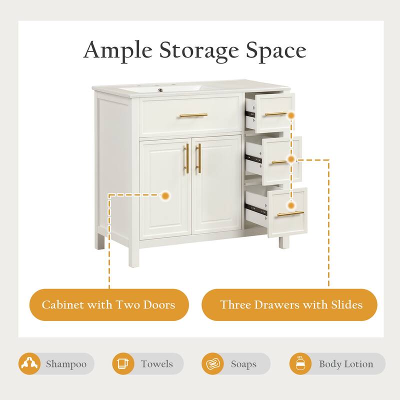 Contemporary 36" Bathroom Vanity with Sink Top,Cabinet with Two Doors and Three Drawers