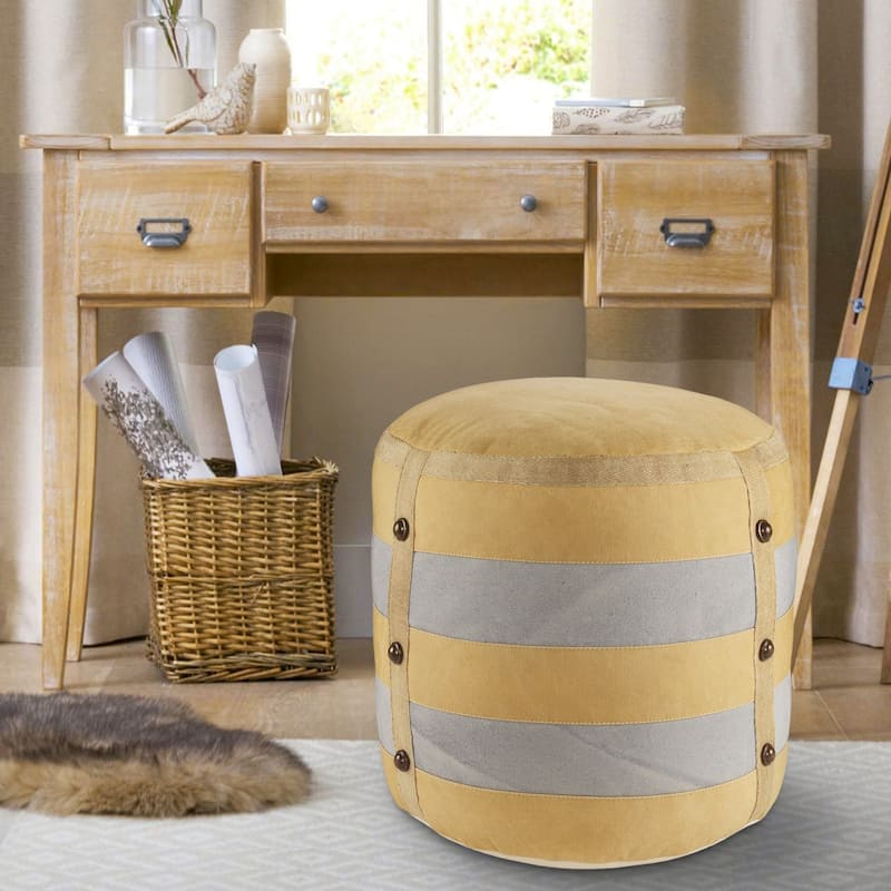 16-Inch Tan Striped Cotton Pouf Ottoman for Living Room and Bedroom