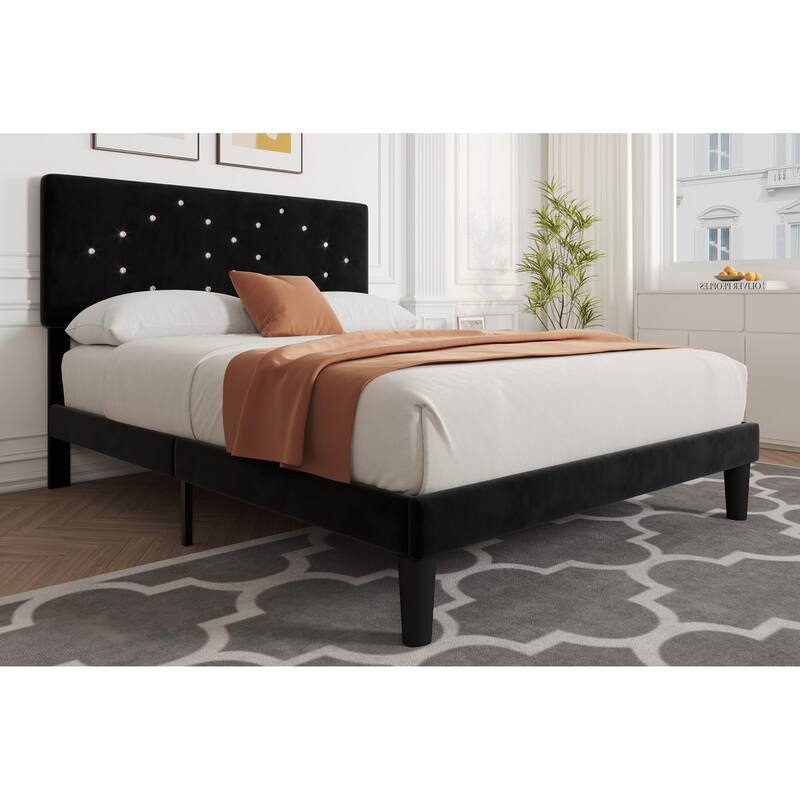Velvet Upholstered Bed Frame, Vertical Channel Tufted & Sturdy Wood Slats