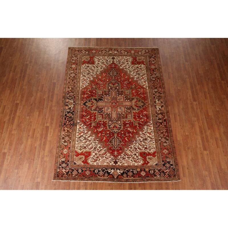 Geometric Red Heriz Persian Vintage Area Rug Handmade Wool Carpet - 6'11"x 9'10"