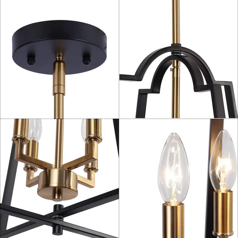Modern Farmhouse Black Gold 4-Light Lantern Geometric Chandelier Candle Kitchen Island Pendant Light - 14" W x 17.5" H