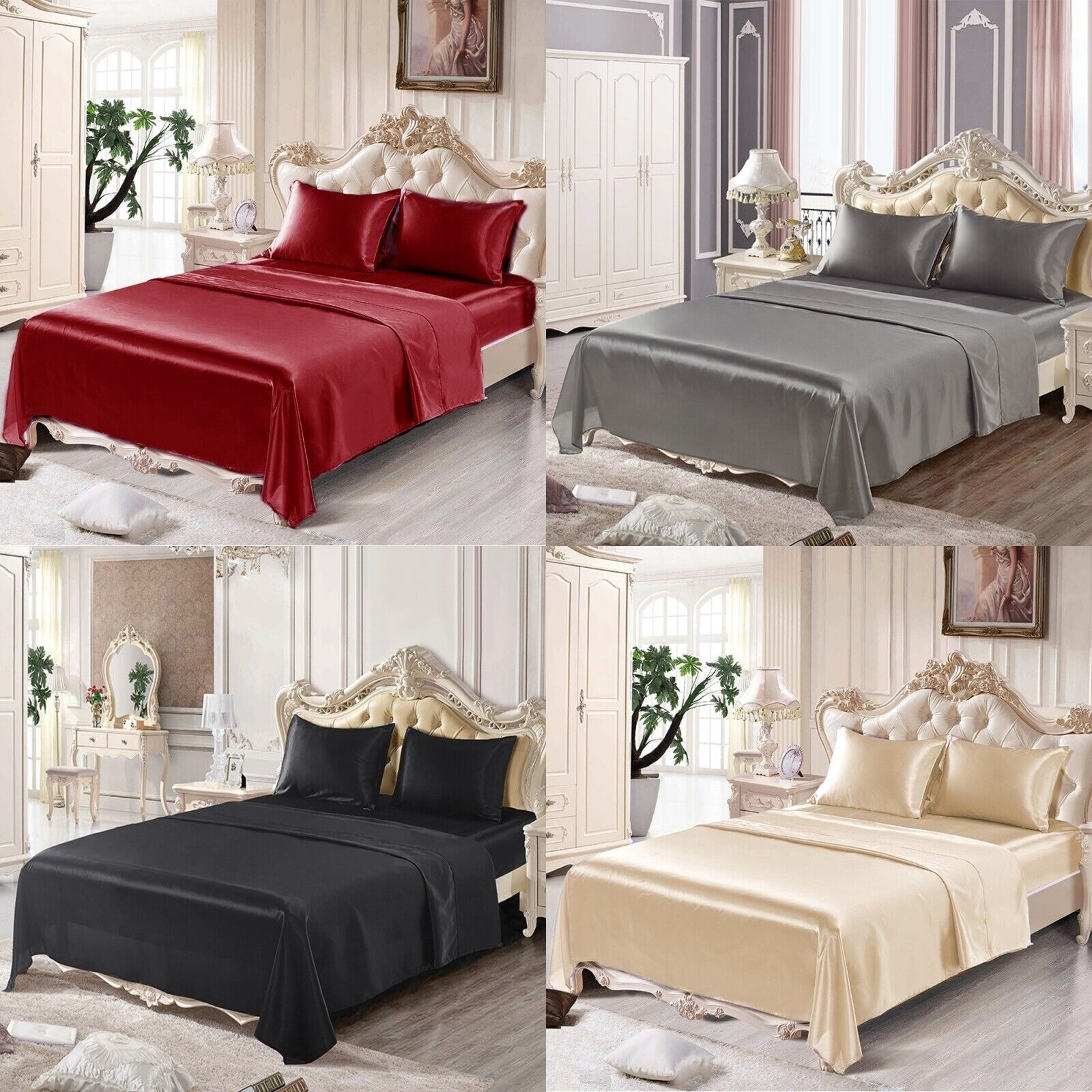 4-Piece Solid Satin Silk Deep Pocket Queen Bed Sheet Set - Bed Bath \u0026  Beyond - 41271110, image size:1600x1600