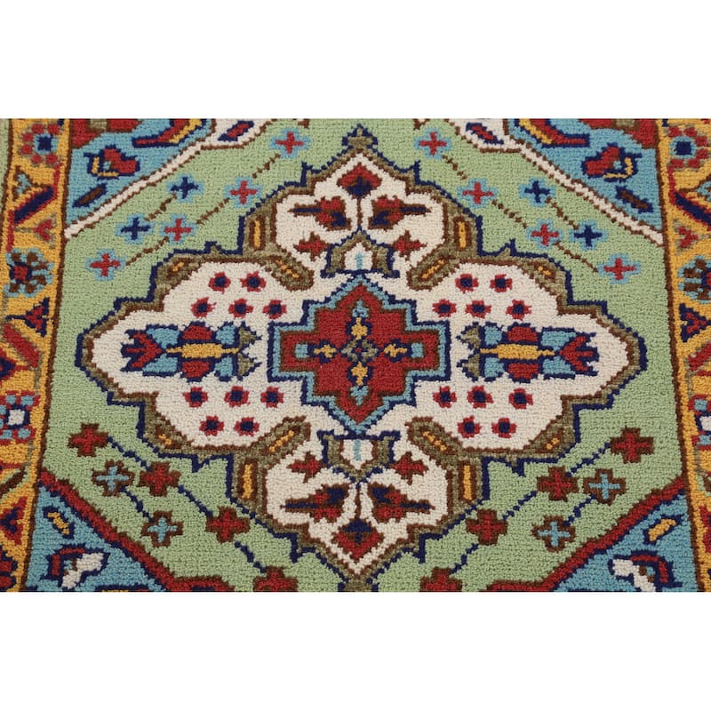 Light Green Kazak Indian Runner Rug Hand-Knotted Wool Carpet - 2'7" x 9'8"