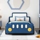 preview thumbnail 32 of 39, Race Car-shaped Frame Upholstered Bed with Wheels, Twin Size Grounded Slat Support Children Floor Bed for Toddler Platform Bed