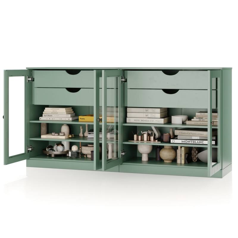 Palace Imports 100% Solid Wood 64" Sideboard with Clear Glass Doors, 4-Drawers and Adjustable Shelves