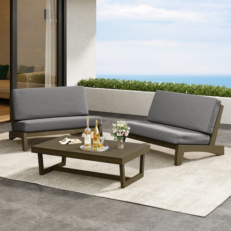 Outdoor 3-Piece Armless Lovesaet Sofa Conversation Set with Table - Whole Cushion - Gray/Brown