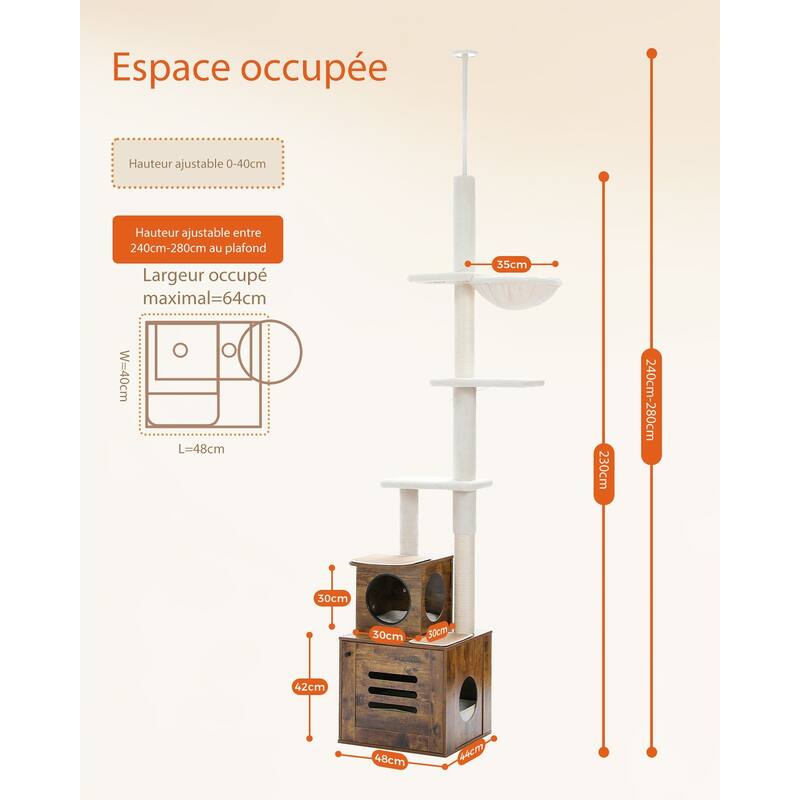 Adjustable Hright 6-Tiers Floor to Ceiling Cat Tree with Litter Box
