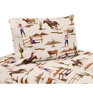 Sweet Jojo Designs Western Cowgirl Girl 3p Twin Sheet Set Wild West Vintage Country Animal Horse Southwest Beige Brown Pink Blue