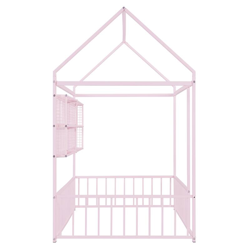 Full Size Metal House Bed Frame with Built-In Grid Shelves, Playful Canopy Design and Space-Saving Storage