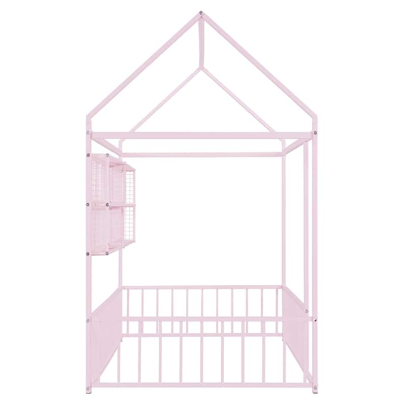 Twin Size Metal House Platform Bed Frame with Storage Shelves,Fence and Shelves