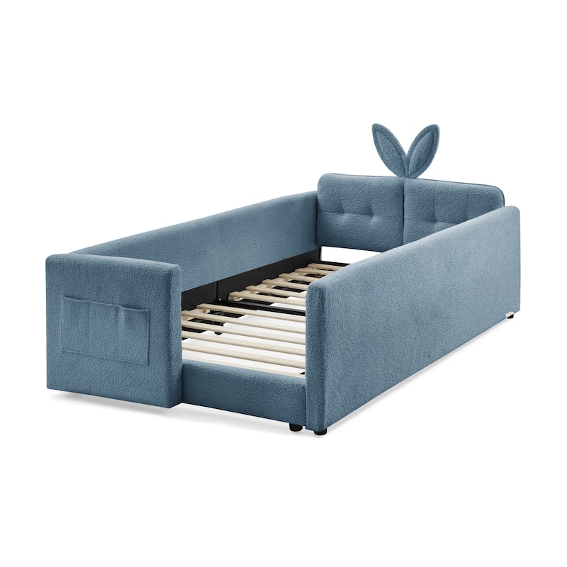Twin Size Platform Bed Upholstered Bed with Safety Rail and Pocket, Kids Bed with Rabbit Ear, Skin-friendly Boucle Fabric