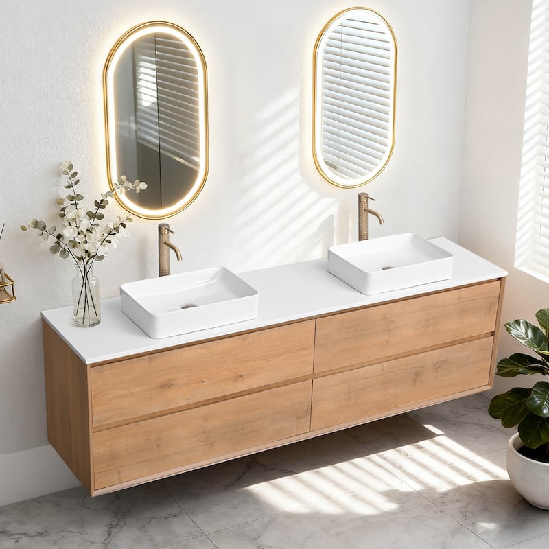 Sylphar 84 inch Toffee Oak Floating Bathroom Vanity with White Quartz Top