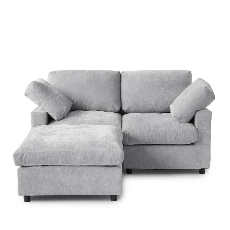 Modern Loveseat Couch with Ottoman Chenille Modular Sectional Sofa Removable Cover, Spring Cushions, Solid Wood Frame