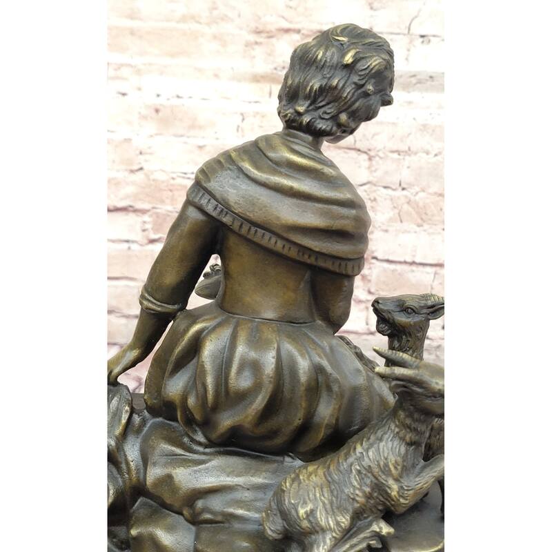 Charming Bronze Sculpture Of Young Girl With Basket Of Flowers And Playful Lamb – Classic Art Figurine On Marble Base