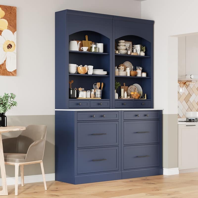 Modern Freestanding Tall Kitchen Pantry Kitchen Hutch with Storage Drawers and Adjustable Shelf (Set of 2) - Blue