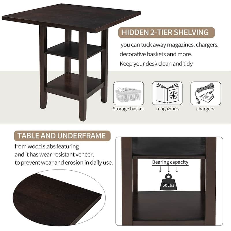 5 PCS Wooden Counter Height Dining Set with Padded Chairs and Storage Shelving