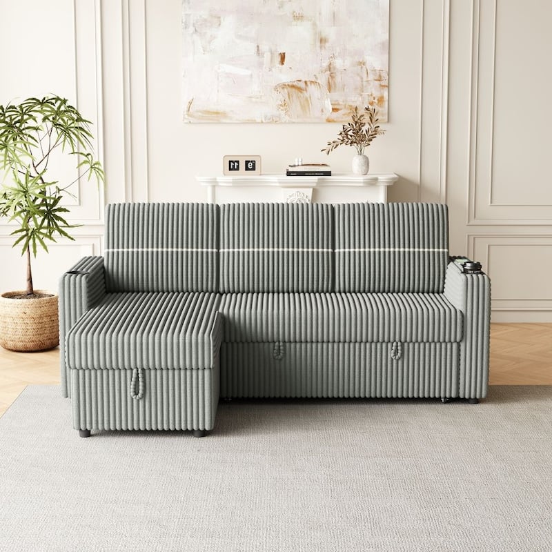 85 Inches Corduroy Sofa Bed, 3 Seater Sleeper Sofa, Pull Out Couch for Living Room - Light grey