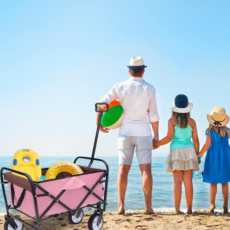 Collapsible Utility Wagon with Storage Straps - 225lb Capacity Foldable Cart, Pink