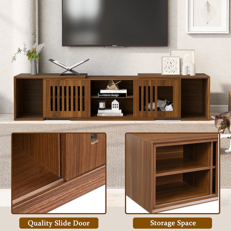 TV Stand with Slatted Doors, Cat-Friendly Private Compartments, Wood Media Console with Adjustable Length