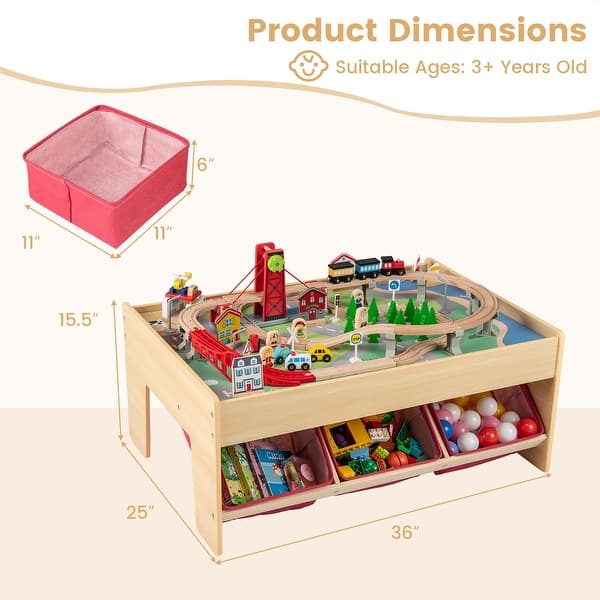 Gymax 94 PCS Wooden Train Set Table w/Reversible Tabletops 3 Storage