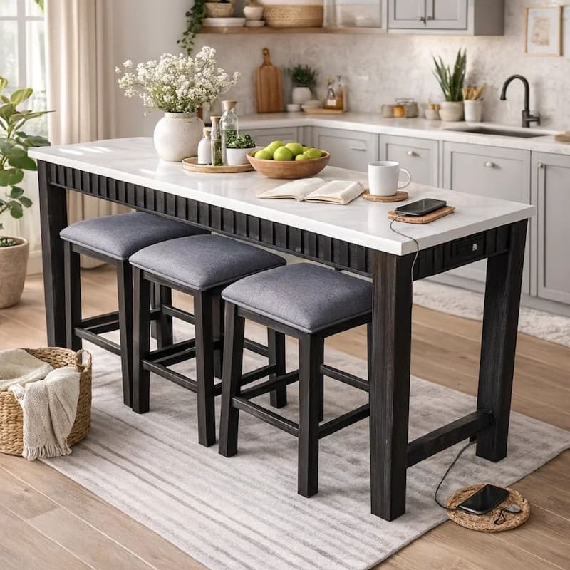 4 Piece Marble Top Table and Stool Set, White and Brown